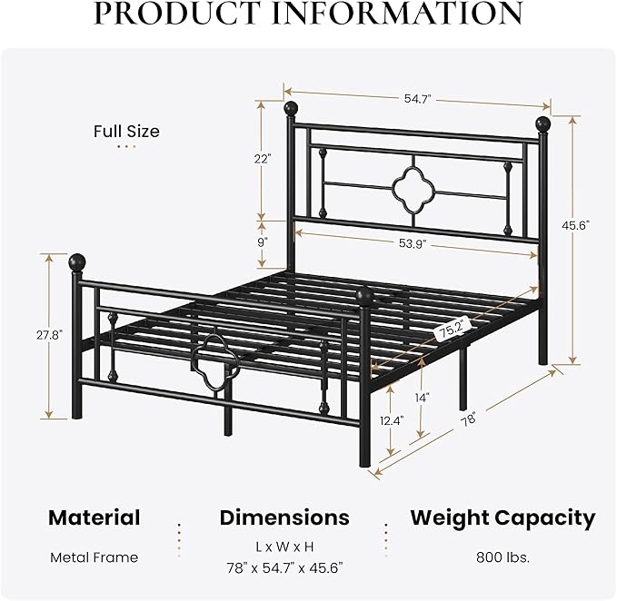 SHA CERLIN 14 Inches Full Size Metal Platform Bed Frame/Vintage Iron-Art - Image 2