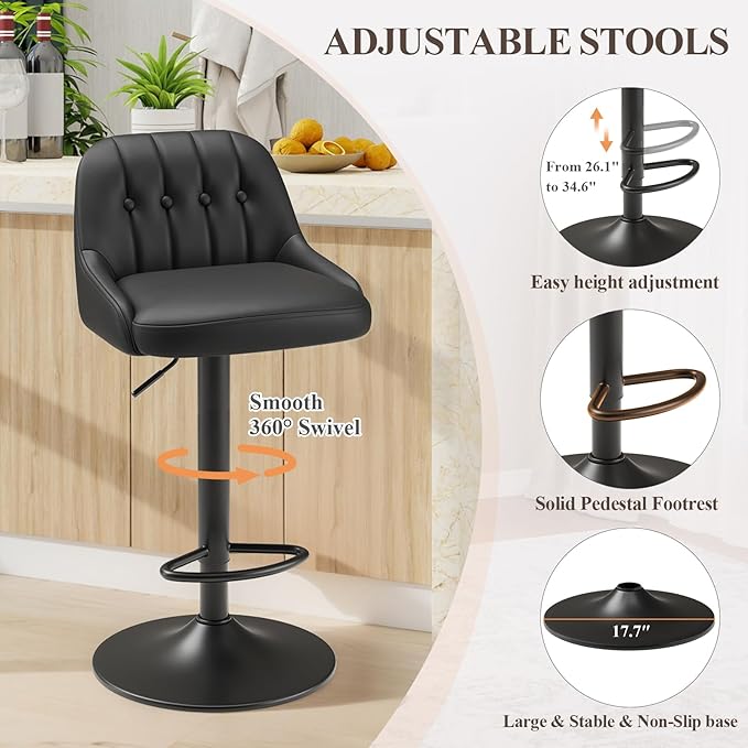 Bar Stools Set of 1, Swivel Bar Chairs, Modern Adjustable PU Leather - Image 4