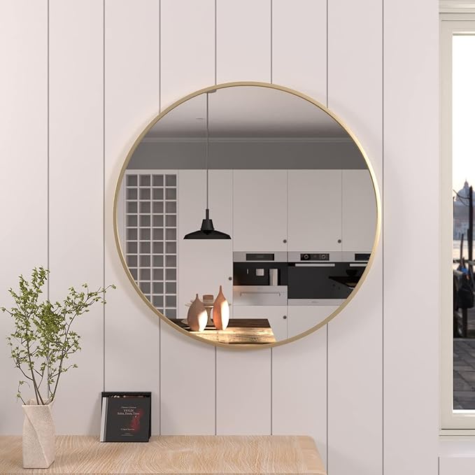 24 inch Gold Circle Wall Mirror, Brushed Gold Metal Framed Round Mirror - Image 5