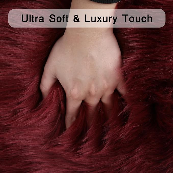 duduta Burgundy Faux Fur Round Rug 4x4 ft, Fluffy Shag Sheepskin Circle Rug - Image 3