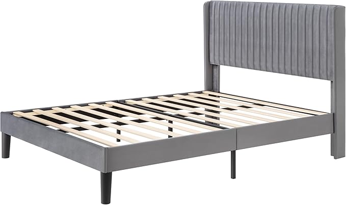 Allewie Queen Size Velvet Bed Frame/Vertical Channel Tufted Wingback - Image 8