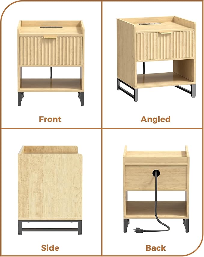 Fluted Night Stand Set 2 with Charging Station, Wood Nightstand with Large - Image 7