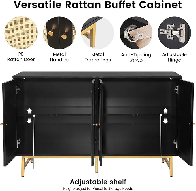 Sideboard Buffets Cabinet with 4 Rattan Doors, Large Storage Accent Cabinet - Image 5