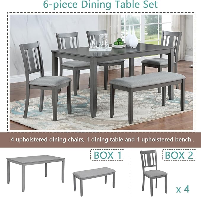 soges 6 Piece Kitchen Dining Table Set, Wooden Dining Table - Image 3