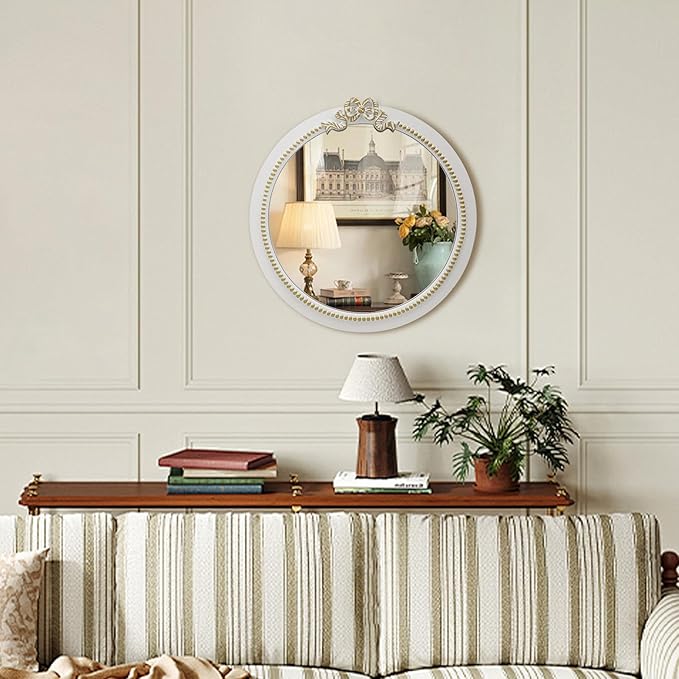 Vintage Round Wall Mirror 28inch Farmhouse Wooden Vanity Mirror - Image 8