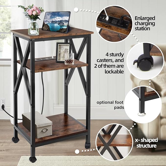 TooCust 3 Tier End Table with Charging Station, Metal and Brown Bedside Table - Image 4