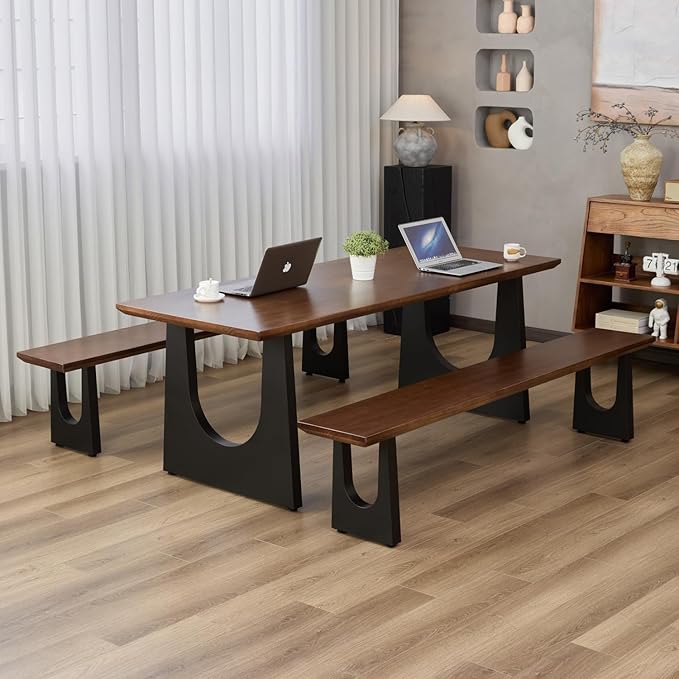 Walnut Color Long Bench Solid Wood Top Metal Legs U-Shaped Design Durable - Image 7