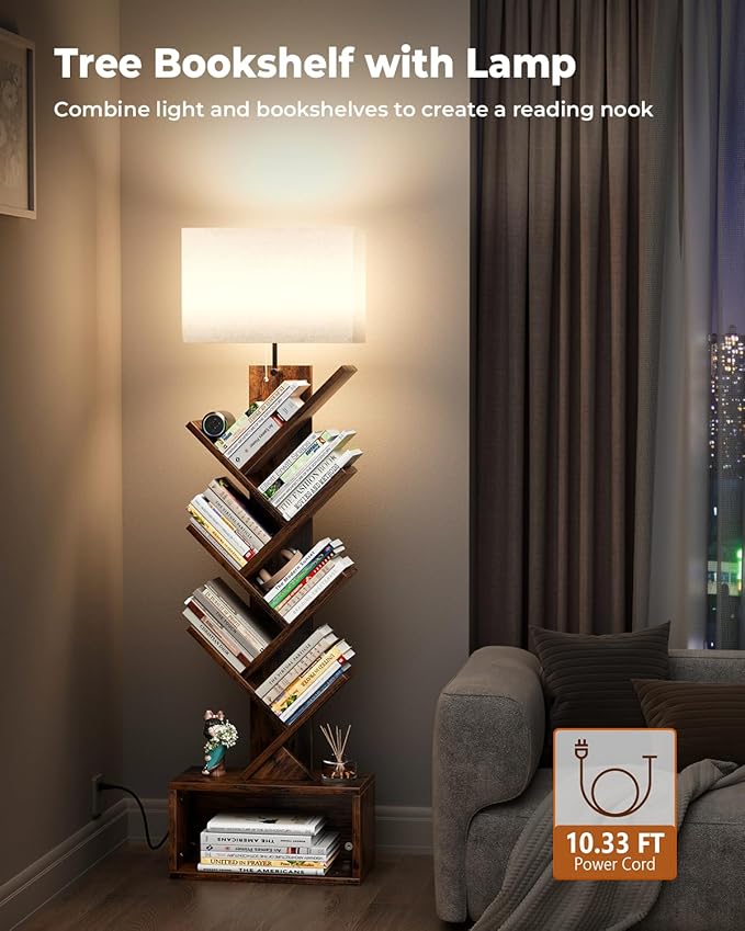 6 Tier Tree Bookshelf with Light, Narrow Bookcase Tower, Tall Floor Standing - Image 3