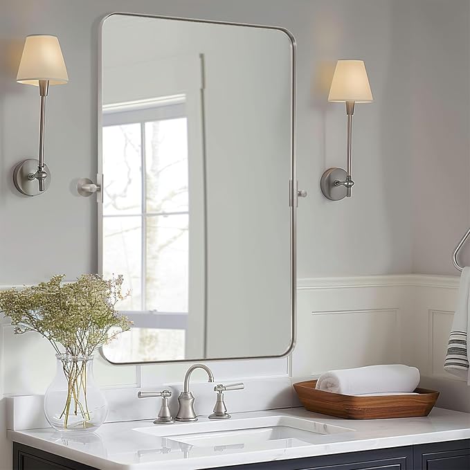 MOON MIRROR 24" x 36" Brushed Nickel Metal Framed Pivot Rectangle Bathroom by MOONMIRROR