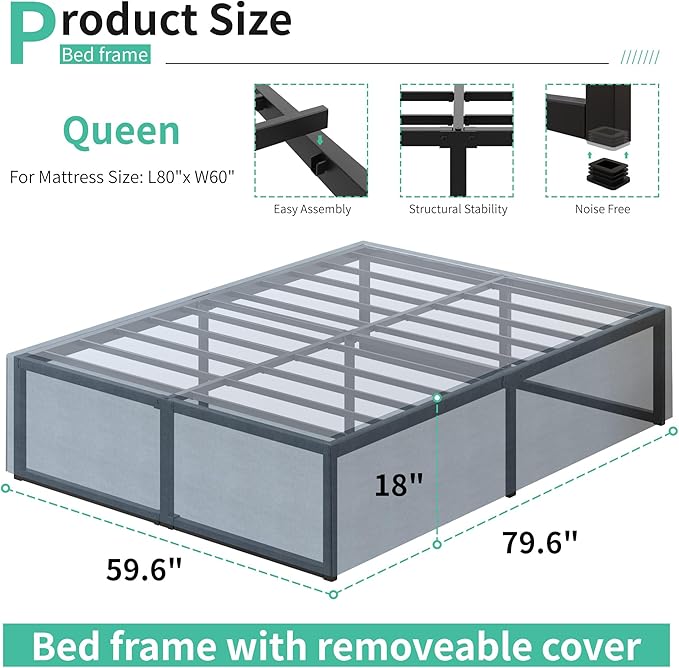 18 Inch Queen Bed Frame with Cover Skirt, Heavy Duty Steel Slat Support Metal - Image 2