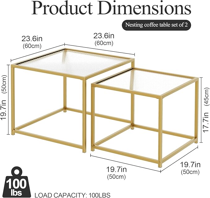 VILAWLENCE Coffee Table Set of 2, Modern Gold Glass Side Table, Metal Frame - Image 2