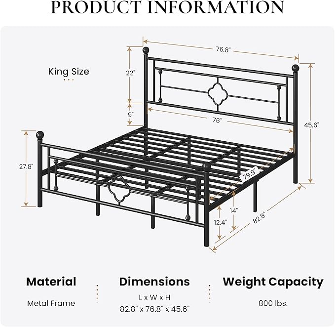 SHA CERLIN 14 Inches King Size Metal Platform Bed Frame/Vintage Iron-Art - Image 2