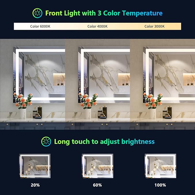48x32 Inch RGB LED Bathroom Mirror Front Light and RGB Backlit Lighted Vanity - Image 4
