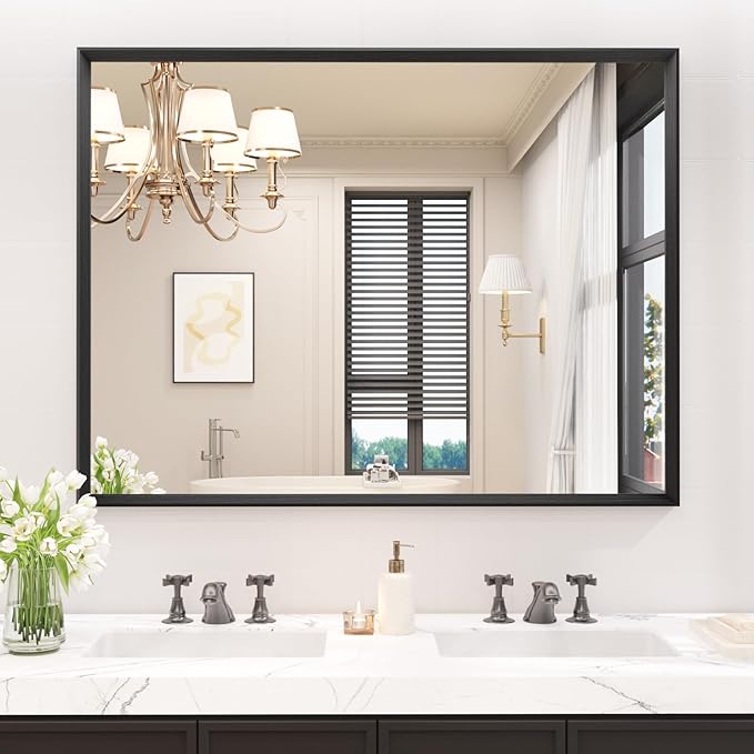 Rectangle Bathroom Mirror 40x30 Inch, Matte Black Framed, 4MM Tempered Glass by JISOSO