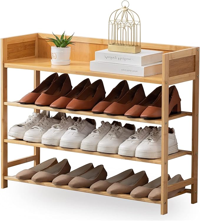 Bamboo Shoe Rack Organizer, 4 Tier Shoe Shelf Storage Organizer, by Suwoic