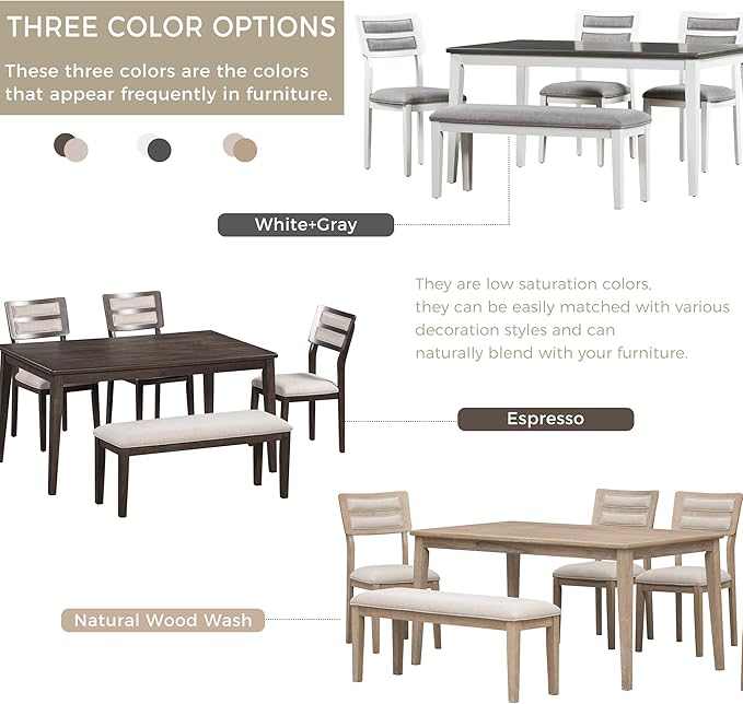 6 Pieces Dining Table Set with 60" Rectangle Kitchen Desk, Wooden Living Room - Image 4