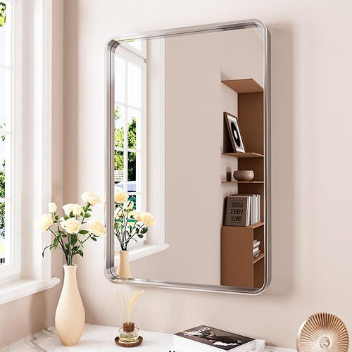 24x36 Inch Brushed Nickel Bathroom Mirror, Brushed Silver Metal Frame Mirror - Image 2