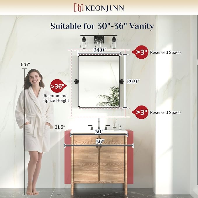 Keonjinn 24x30 in Brushed Pivot Mirror, Tilt Beveled Mirror Bathroom, - Image 3