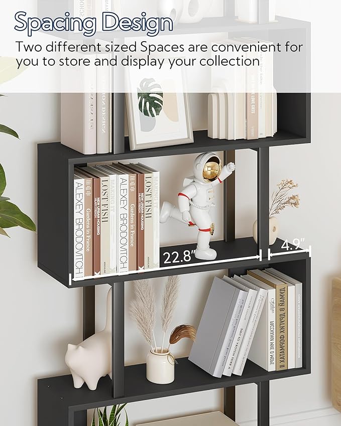 Yusong S Shaped Bookshelf, Modern Geometric Bookcase, 6-Tier Black Display Case - Image 6