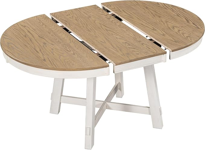 Farmhouse Round Dining Table for 4, Extendable Circle to Oval Wooden Tabletop - Image 6
