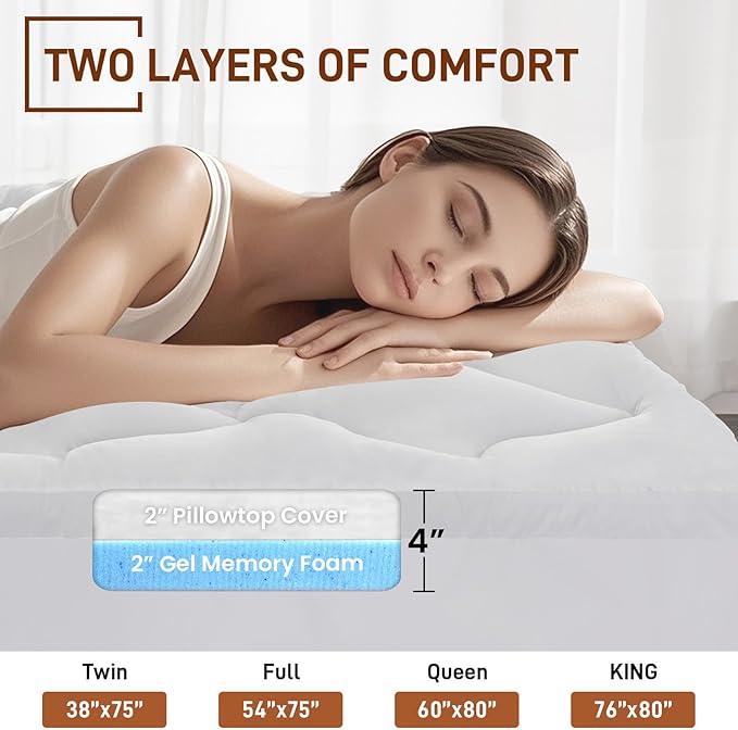 4 Inch Pillow Top Memory Foam Mattress Topper King, Dual Layer 2 Inch Gel - Image 2