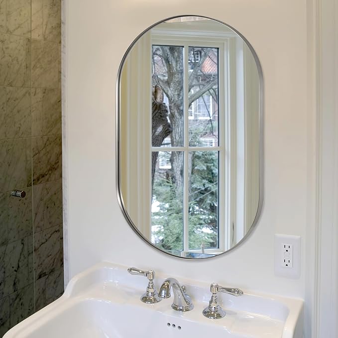 ANDY STAR 26x38’’ Brushed Nickel Oval Bathroom Mirror, Pill-Shaped Nickel - Image 9
