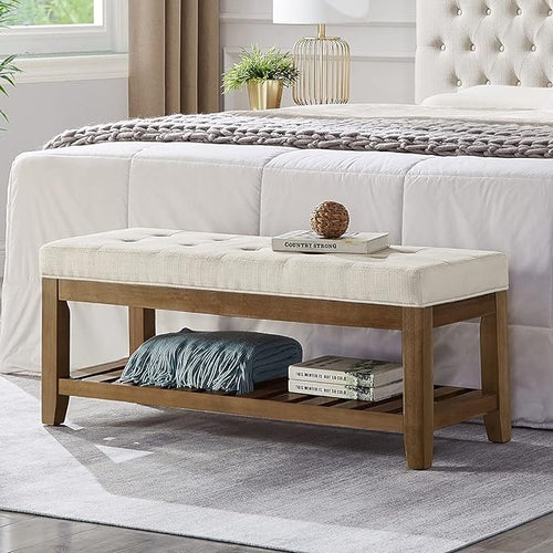 24KF Large Rectangular Upholstered Tufted Linen Ottoman Bench, Padded Bench by WEMARTHOMEDECOR