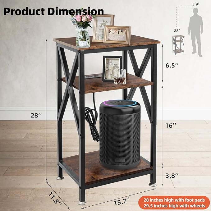 TooCust 3 Tier End Table with Charging Station, Metal and Brown Bedside Table - Image 2