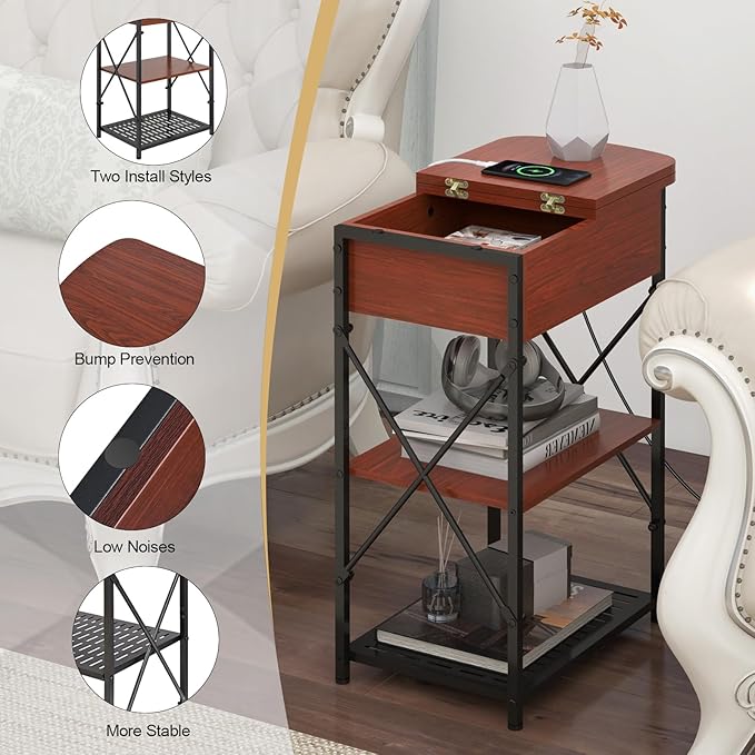 Narrow Side Table with Charging Station, End Tables Set of 2 - Image 6