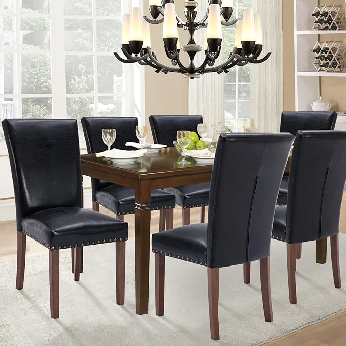 Parsons Dining Chairs Set of 6, Upholstered Nailhead PU Leather Dining Room - Image 4