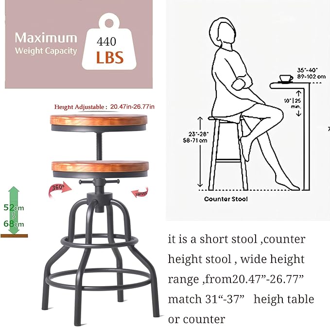 Diwhy Industrial Vintage Counter Stool, Kitchen Counter Height Adjustable - Image 2