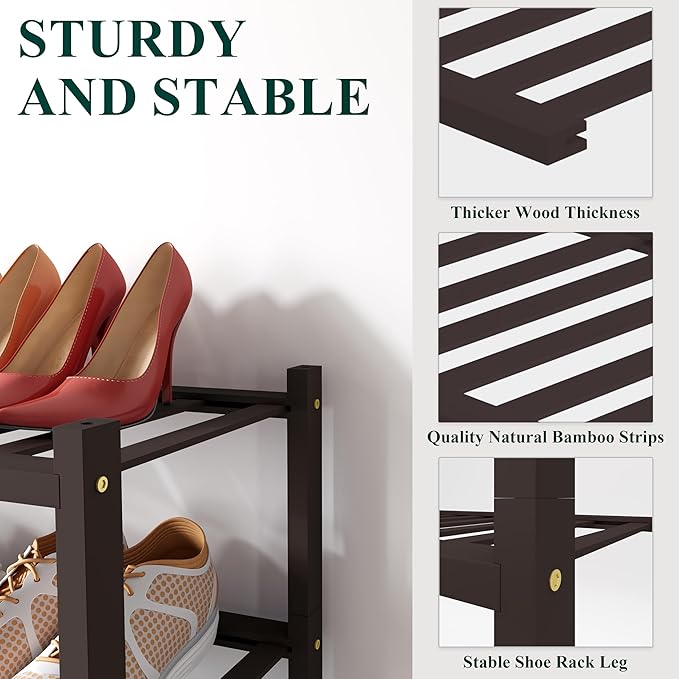 Smiry Shoe Rack, 2 Tier Long Bamboo Shoe Organizer, Stackable Free Standing - Image 2