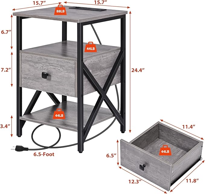 End Tables with Charging Station, Night Stands with Wood Drawer, Nightstand - Image 3