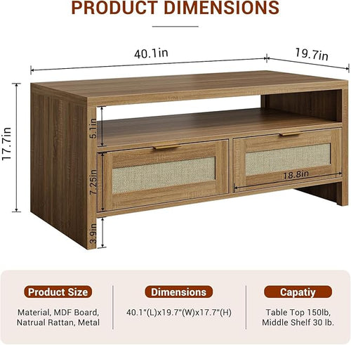 2 Tiers Boho Coffee Table with Storage, 40” Mid Century Rattan Console Table - Image 2