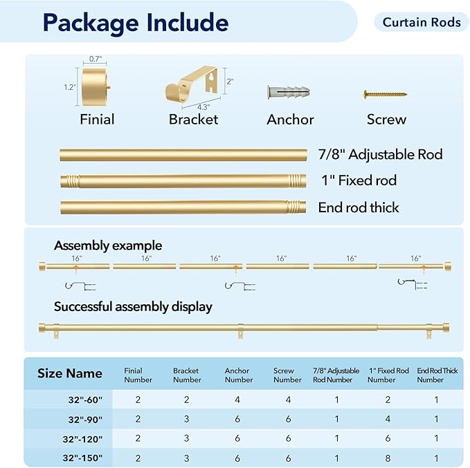 2 Pack Curtain Rods for Windows 48 to 84 Inch, 1 Inch Gold Adjustable Heavy - Image 6