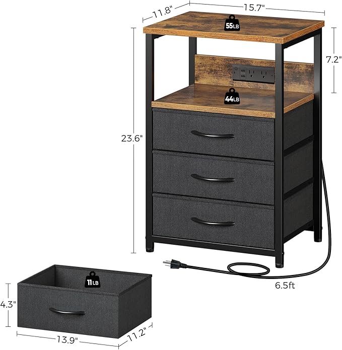 Seventable Nightstand with Charging Station and LED Light, Side Table with 3 - Image 3