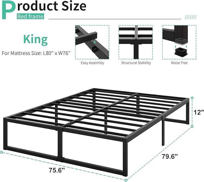 12 Inch King Size Bed Frame Sturdy Mattress Foundation, Heavy Duty Metal - Image 2