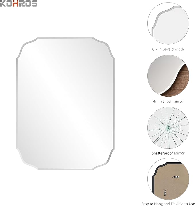 KOHROS Silver Bathroom Mirror 18" x 24" Frameless Rectangle Beveled Edge - Image 8