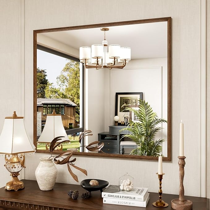 40x36 Inch Rectangle Bathroom Mirror, Walnut Wood Grain Framed, Anti-Rust & 4mm by JISOSO