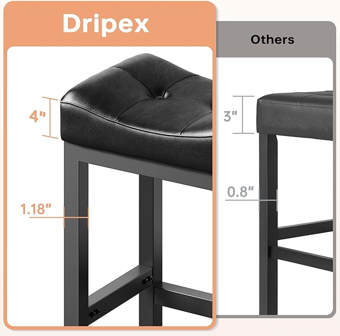 Dripex Backless Faux Leather Saddle Bar Stools Set of 2, 24 Inch Counter Height - Image 5