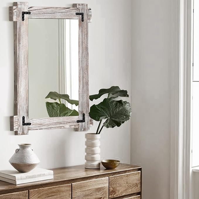 MeMoreCool Farmhouse Rustic Wood Framed Bathroom Mirror, Decorative Wall - Image 9