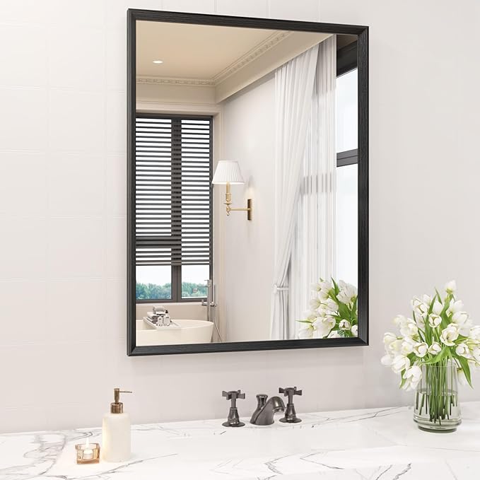 Rectangle Bathroom Mirror 28x36 Inch, Matte Black Framed, 4MM Tempered Glass by JISOSO
