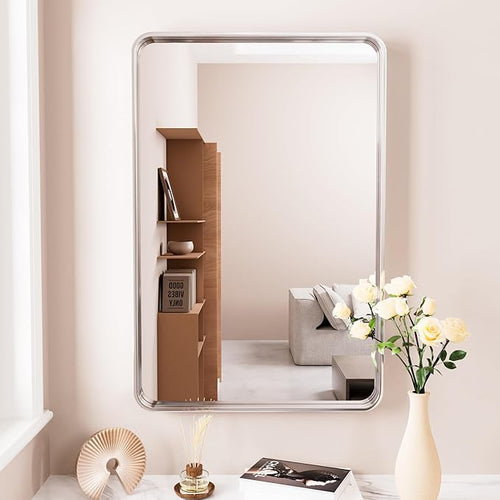 24x36 Inch Brushed Nickel Bathroom Mirror, Brushed Silver Metal Frame Mirror by JISOSO