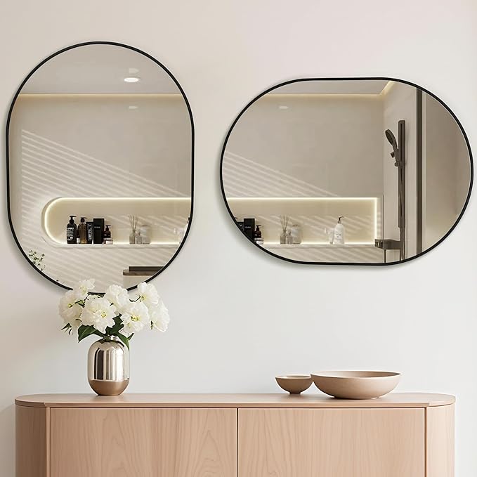 Oval Bathroom Mirror 24x36 Inch, Pill-Shaped Black Framed Wood Wall Mirrors - Image 2