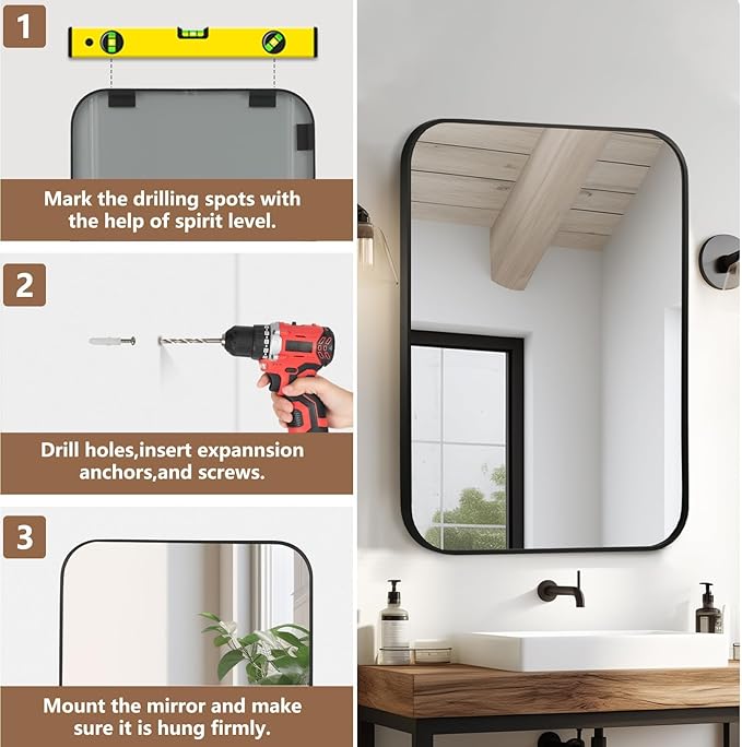 Matte Black Mirror, Metal Frame Rectangle Corner Vanity Mirror, Wall Mounted - Image 6