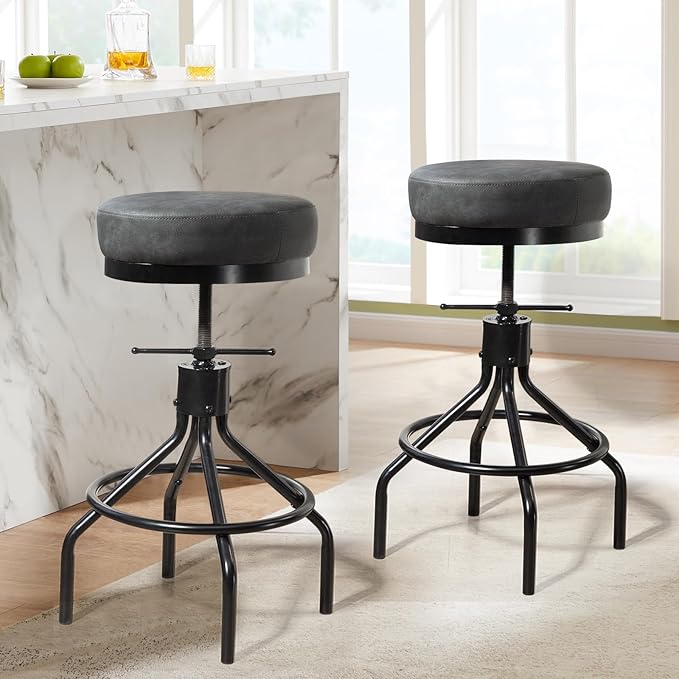 Grey Swivel Bar Stools Set of 2 Adjustable Swivel Round Barstools Modern PU - Image 2