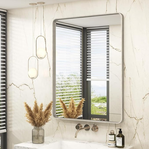 28x36 Inch Brushed Nickel Bathroom Mirror, Brushed Silver Metal Framed Wall by VANLIOBathroomMirror