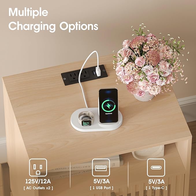 Vabches Nightstand with Charging Station and USB Ports, Industrial Style Fluted - Image 4