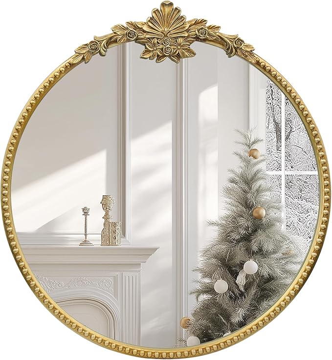 Round Gold Mirror, 28inch Baroque Style Vintage Decorative Circle Wall Mirror by IPOUF