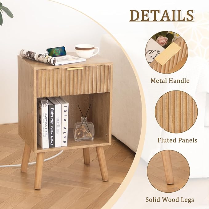 Wood Nightstand with Charging Station, Bedside Table with Fluted Drawers and - Image 4
